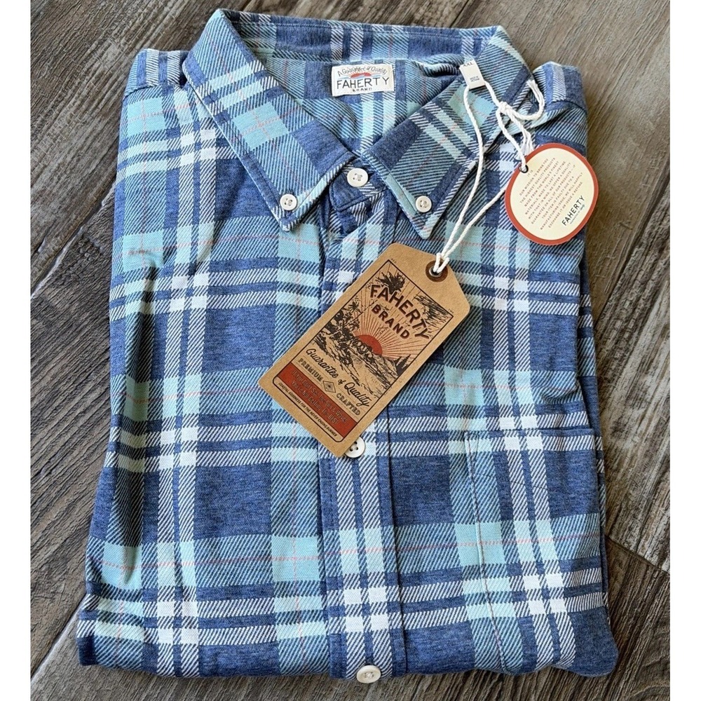 Faherty Coastline Knit Shirt Holbrook Island Plaid Button Blue Size XXL $168